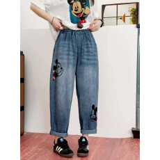 批发<b class='q'>韩版</b>大码2026夏季新款宽松显瘦复古卡通刺绣弹力牛仔萝卜裤女潮