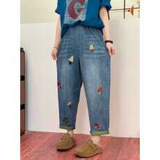 批发复古磨菇刺绣2026夏季新款宽松显瘦<b class='q'>韩版</b>大码弹力百搭牛仔直筒裤女