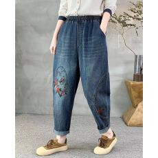 批发2026夏装新款<b class='q'>韩版</b>宽松显瘦卡通刺绣时髦复古女大码牛仔<b class='q'>哈伦裤</b>