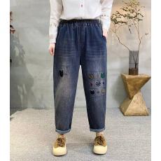 批发夏季新款贴布刺绣牛仔<b class='q'>哈伦</b>裤女小个子大码宽松高腰显瘦九分老爹裤