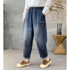 批发复古刺绣<b class='q'>牛仔裤</b>女宽松显瘦松紧腰微弹<b class='q'>哈伦</b>裤春夏新款九分萝卜裤