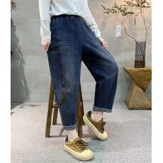 批发复古刺绣牛仔<b class='q'>裤</b>女宽松显瘦松紧腰微弹<b class='q'>哈伦</b><b class='q'>裤</b>春夏新款九分萝卜<b class='q'>裤</b>