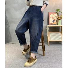 批发韩国东大门女装春季通勤宽松休闲风舒适松紧腰做旧磨白<b class='q'>哈伦</b>牛仔<b class='q'>裤</b>