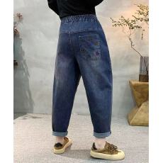 批发韩国东大门女<b class='q'>装</b>春季通勤宽松休闲风舒适松紧腰做旧磨白哈伦牛仔裤