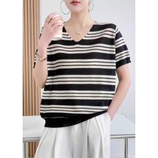 批发2026夏季新款上衣冰丝V领条纹<b class='q'>针织衫</b>T恤短袖宽松遮肉洋气大码女装