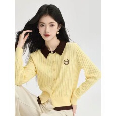 批发复古绞花拼色翻领针织开衫女2026春季新款巨好看外搭<b class='q'>短款</b>毛衣外套