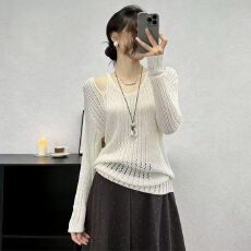 温柔慵懒风镂空V领长袖针织衫女春季新款设计感宽松显瘦罩衫上衣