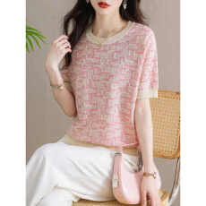 批发<b class='q'>欧洲站</b><b class='q'>新款</b>满体花色短袖圆领T恤衫女欧货夏季宽松套头冰丝针织衫