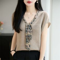 批发<b class='q'>复古</b>小众天丝亚麻舒适感针织衫夏季时尚百搭新款系带设计上衣洋气