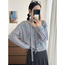 批发甜美风蝴蝶结荷叶边V领<b class='q'>针织</b><b class='q'>开衫</b><b class='q'>女</b>小个子百搭减龄巨好看毛衣外套