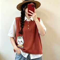 批发马甲女新款2026年爆款针织背心洋气小猫刺绣马夹开衫宽松上衣