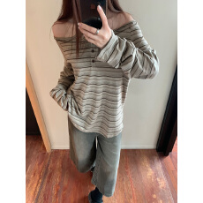 批发原版面料条纹露肩长袖t恤女夏季新款设计感甜辣慵懒显瘦上衣