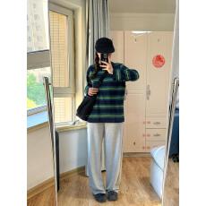 批发广州纯棉原版色织条美式复古潮牌正肩条纹长袖宽松慵懒上衣