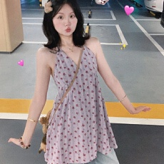 原版面料+内里大码mm紫色碎花露背V领吊带背心女夏季无袖上衣