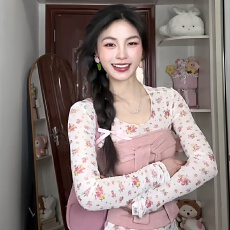 网纱+1*1随心裁260克韩系甜美碎花两件套t恤女春季显瘦长袖衣