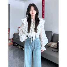 批发原版雪纺+开衫纽扣法式荷叶边波点雪纺衬衫女春秋2026新款高级感