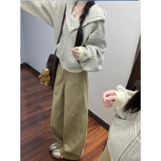 批发原版面料+内抽+刺绣韩系慵懒风条纹拉链连帽卫衣<b class='q'>开衫</b>短款外套女