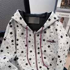 批发华棉双帽+内抽满印星星连帽卫衣<b class='q'>开衫</b><b class='q'>女</b>秋季美式拼色薄款拉链外套