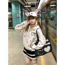 批发原版做法+刺绣日系宅萌满天星兔耳朵连帽卫衣<b class='q'>女</b>秋冬新款<b class='q'>开衫</b>外套