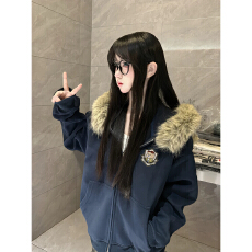 批发原版面料藏青色拼接大毛领外套女春秋<b class='q'>小熊</b>刺绣开衫保暖连帽<b class='q'>卫衣</b>