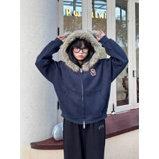 批发原版面料藏青色拼接大毛领外套女春秋<b class='q'>小熊</b>刺绣开衫保暖连帽<b class='q'>卫衣</b>
