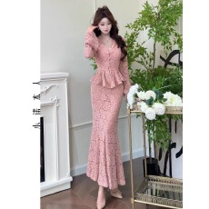 批发法式轻熟纯色修身长袖<b class='q'>蕾丝</b>衫半身裙套装女2025秋季新款百搭<b class='q'>两件套</b>