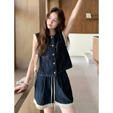 批发韩版复古蕾丝花边<b class='q'>牛仔</b>马甲高腰短裤套装女2025夏新款小个子两件套
