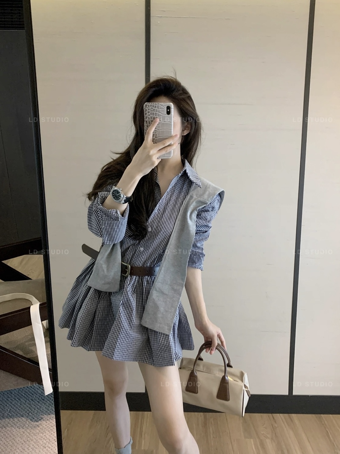FA35500# 韩系格子衬衫连衣裙女秋季新时尚设计感气质收腰显瘦百褶裙配腰带 服裝批發女裝批發服飾貨源