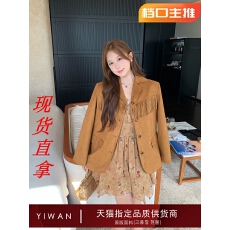 批发<b class='q'>夏</b>天家复古美拉德棕色流苏设计感麂皮绒西装外套女2025年新款早秋