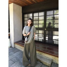 批发韩系套装灰色短袖针织衫毛衣女秋冬显瘦百搭<b class='q'>休闲</b>高腰阔腿裤两件套
