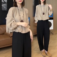 批发春秋搭配一整套2025女装长袖衬衫<b class='q'>哈伦</b>裤两件套高级感时尚减龄套装