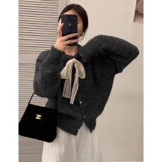 批发韩系纯色温柔风蕾丝系带气质<b class='q'>毛衣</b>女25秋冬<b class='q'>新款</b>复古百搭毛针织开衫