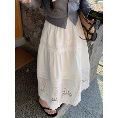 批发韩系小众甜美镂空蕾丝钩花下摆半身裙压褶设计松紧腰显瘦a字<b class='q'>长裙</b>