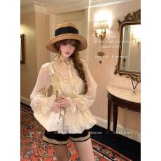 批发Lazy Didi羽纱锦缎 梦幻中古doll感<b class='q'>蕾丝</b><b class='q'>娃娃衫</b>荷叶花边领花苞衬衫