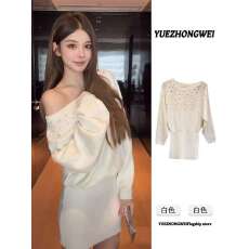 批发法式斜肩领口带钻<b class='q'>蝙蝠</b>袖针织<b class='q'>连衣裙</b>冬季松弛感收腰套头包臀短裙女