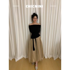 批发chic nini法式<b class='q'>欧根纱</b>波点半身裙女纱裙秋季一字肩上衣+网纱裙<b class='q'>套装</b>