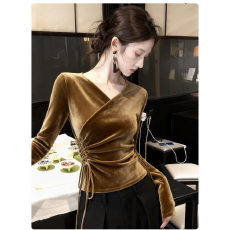 批发咖色抽绳丝绒上衣2025冬季气质高级感巨好看法式小资收腰内搭<b class='q'>衬衫</b>