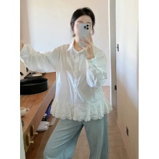 批发韩系设计感蕾丝拼接<b class='q'>白色</b><b class='q'>衬衫女</b>春季新款慵懒休闲宽松绝美长袖衬衣