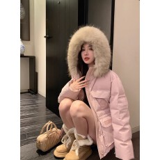 批发韩系粉色派克服<b class='q'>羽绒服</b>90绒女冬保暖工装<b class='q'>中长款</b>大毛领连帽宽松外套