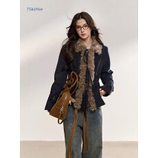 批发7Shiftin 原创秋冬款辣妹气质高级感修身短外套复古毛领夹克上衣