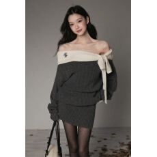 批发Moster Timnothy原创一字肩<b class='q'>蝴蝶结</b>厚款<b class='q'>连衣裙</b>氛围感针织长袖毛衣