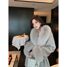 批发RCLIU月影恋人 2024新款灰色<b class='q'>双面</b>呢<b class='q'>羊绒</b><b class='q'>大衣</b>女狐狸毛皮草毛呢外套