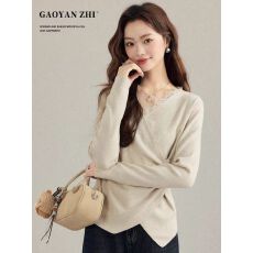 批发高妍知法式蕾丝拼接V领长袖<b class='q'>针织衫</b>女秋冬新款<b class='q'>不规则</b>交叉上衣内搭