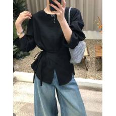 批发高级感气质收腰系带长袖衬衫2025秋新款时尚不规则开叉休闲上衣女