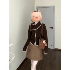 批发咖色围巾领长袖毛衣开衫女2025秋冬新款针织上衣a字短裙两件套装