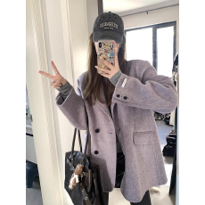 批发高级感紫色西装毛呢外套女宽松气质小个子短款双面呢子大衣2024冬