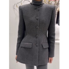批发韩系沙漏腰西装毛呢外套女2025秋冬季简约高级感显瘦灰色呢子大衣
