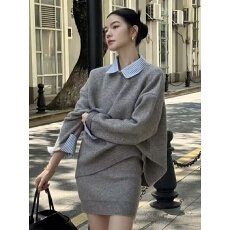 批发松弛感针织套装女秋季新款韩系简约假两件衬衫显瘦A字短裙两件套