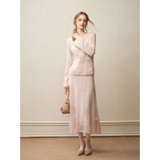 批发纤纤家 月下蝶影 粉色马海毛羊毛针织长袖上衣半身<b class='q'>长裙</b>两件套装女