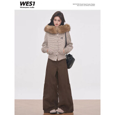 批发 WESTAYONE拉链开衫连帽卫衣毛呢毛领外套女